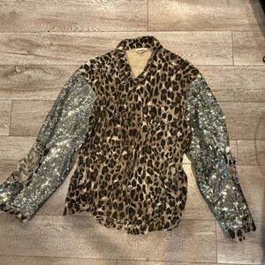 Leopard Print Jean Jacket with Sequin Sleeves